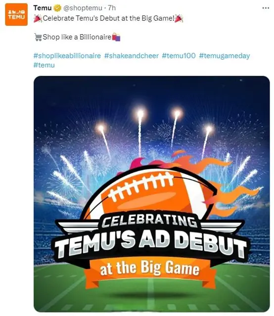 圖：TEMU投放超級碗的廣告宣傳圖，圖片來源：TEMU官方Facebook
